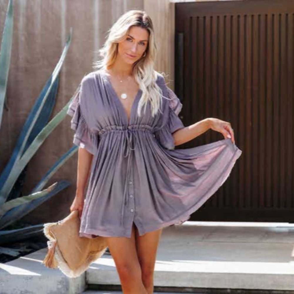 Purple Flutter Sleeve Mini Sundress with Plunge Neckline